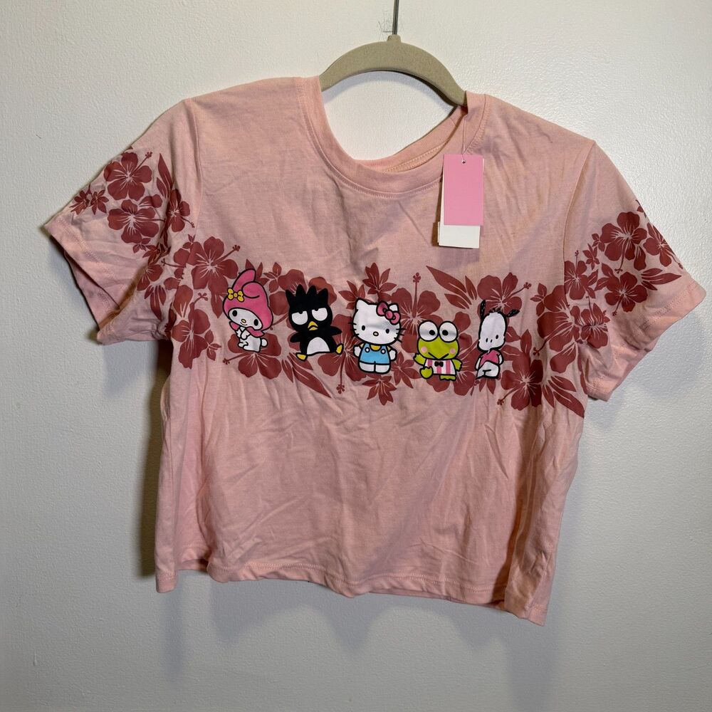 Hello Kitty & Friends Sanrio Juniors L Pink Floral Graphic Crop T-Shirt NWT